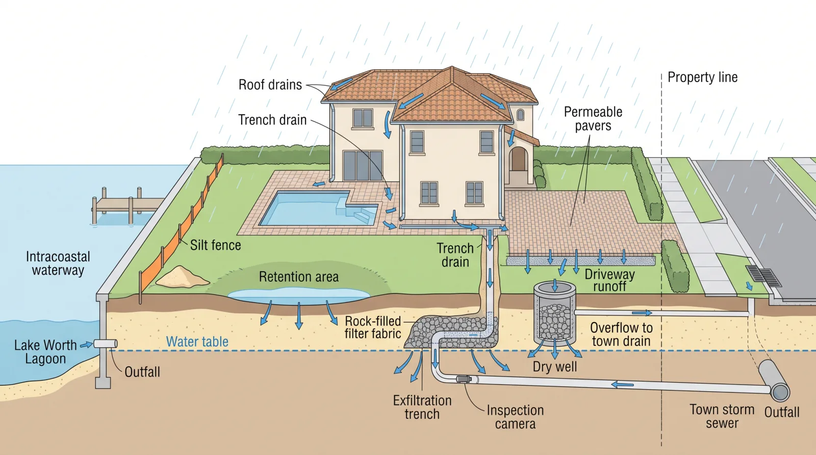 Cross-section diagram of a Town of Palm Beach stormwater management system on a waterfront lot: roof drains, trench drains, permeable pavers, retention area, exfiltration trench, dry well, silt fence, and inspection camera, with only overflow leaving the property to the town storm sewer and outfall into Lake Worth Lagoon