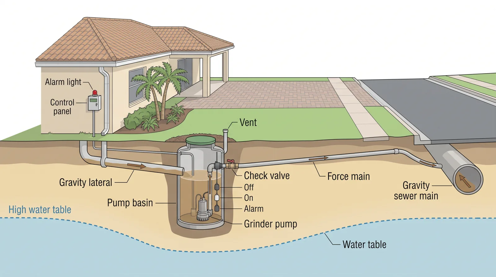 Cross-section diagram of a residential sewage lift station in Palm Beach County: gravity lateral from the house into a pump basin with a grinder pump, float switches, check valve, vent, and control panel with alarm light, and a force main rising to the gravity sewer main under the street