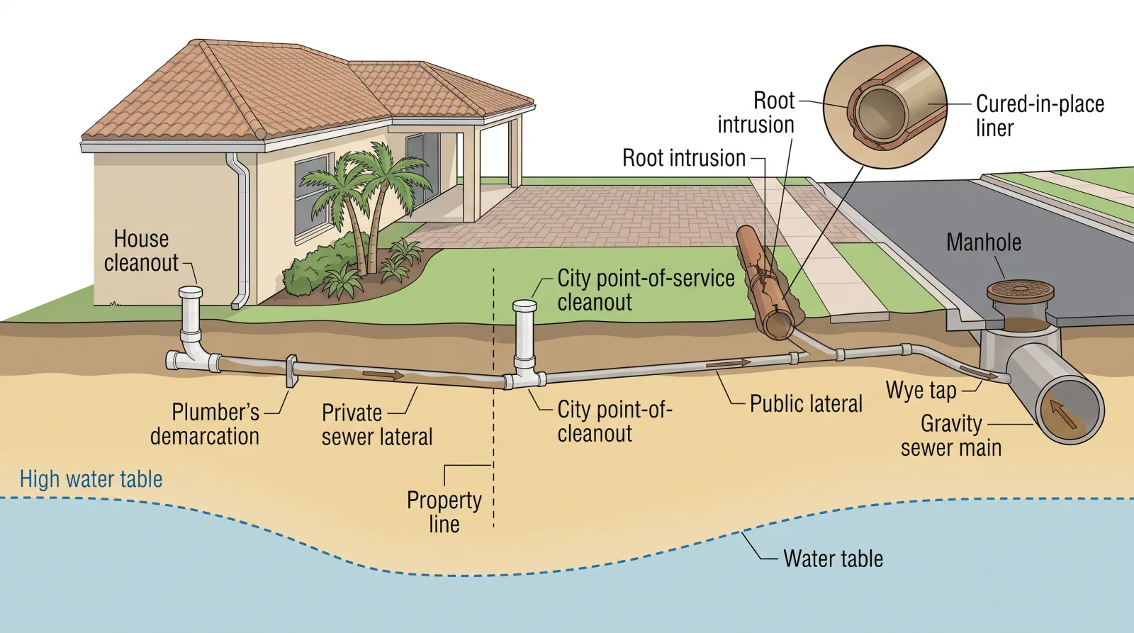 Cross-section diagram of a residential sewer lateral in Palm Beach County showing the house cleanout, plumber's demarcation, private sewer lateral, city point-of-service cleanout at the property line, public lateral, wye tap into the gravity sewer main, manhole, and a cured-in-place sewer liner repairing root intrusion